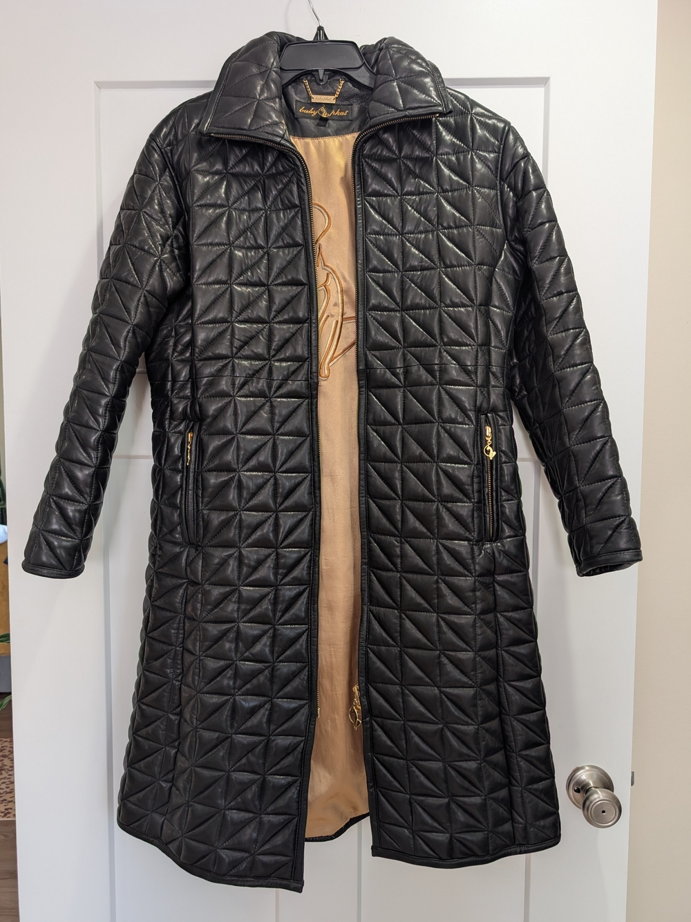 Baby Phat Black Quilted Longline Trench Coat with Gold Accents